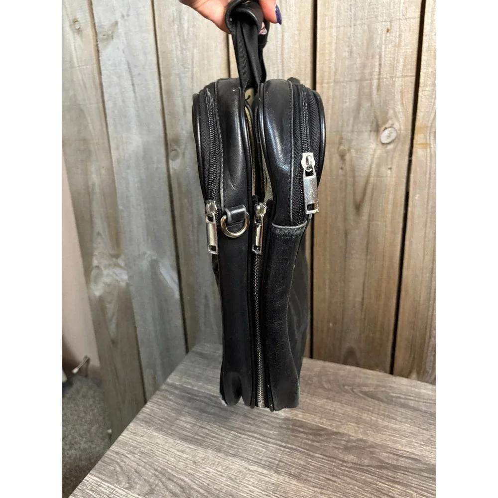 Vintage Black Leather Fold Out Messenger Bag Multi Pocket Travel Case Handbag